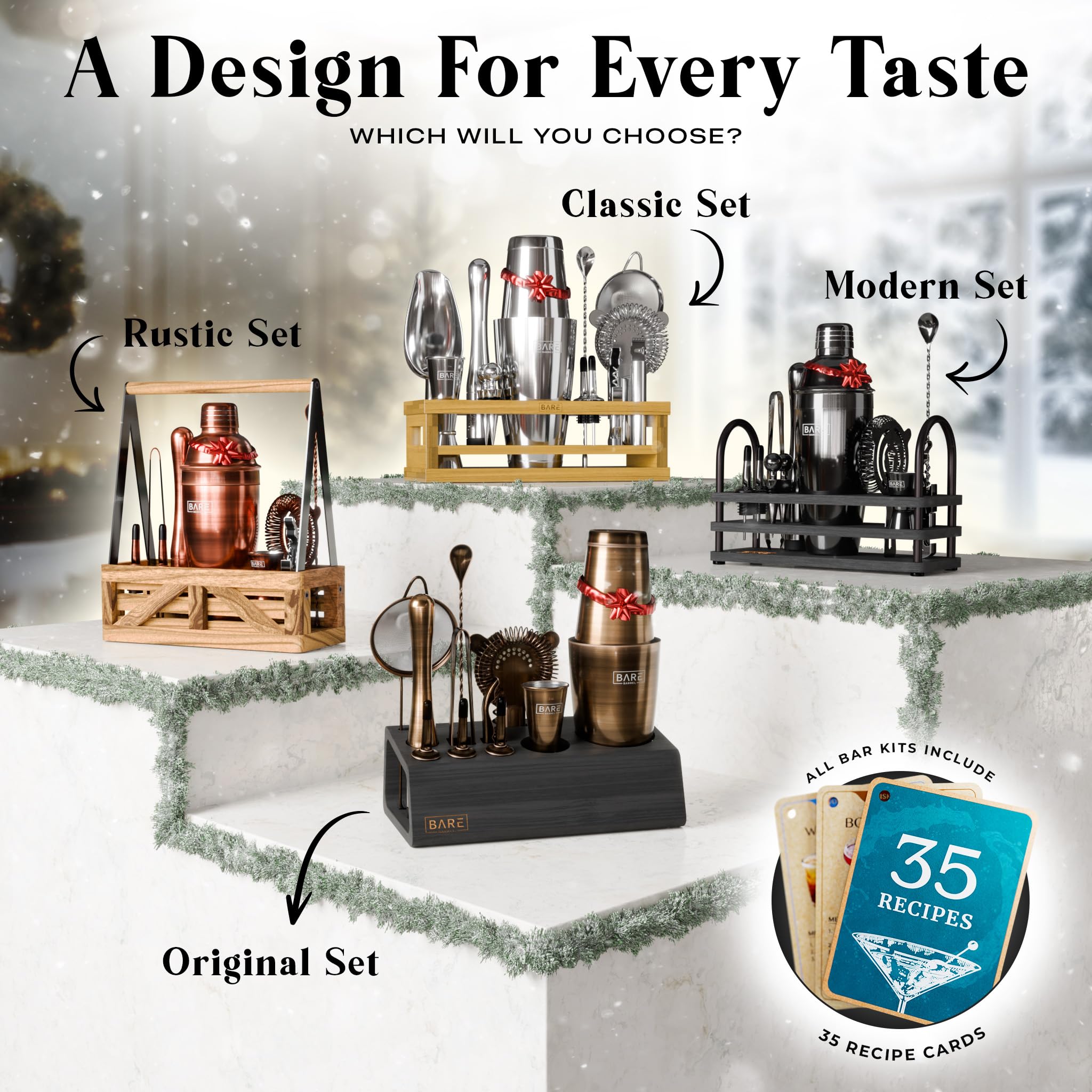 BARE BARREL® Mixology Bartender Kit Bar Set | 14-Piece Cocktail Shaker Set | Martini Barware Mixing Tools for Home Bartending | Incl. 35 Recipe Cards | Gift Set (28oz Boston Shaker, Jet Black/Black)