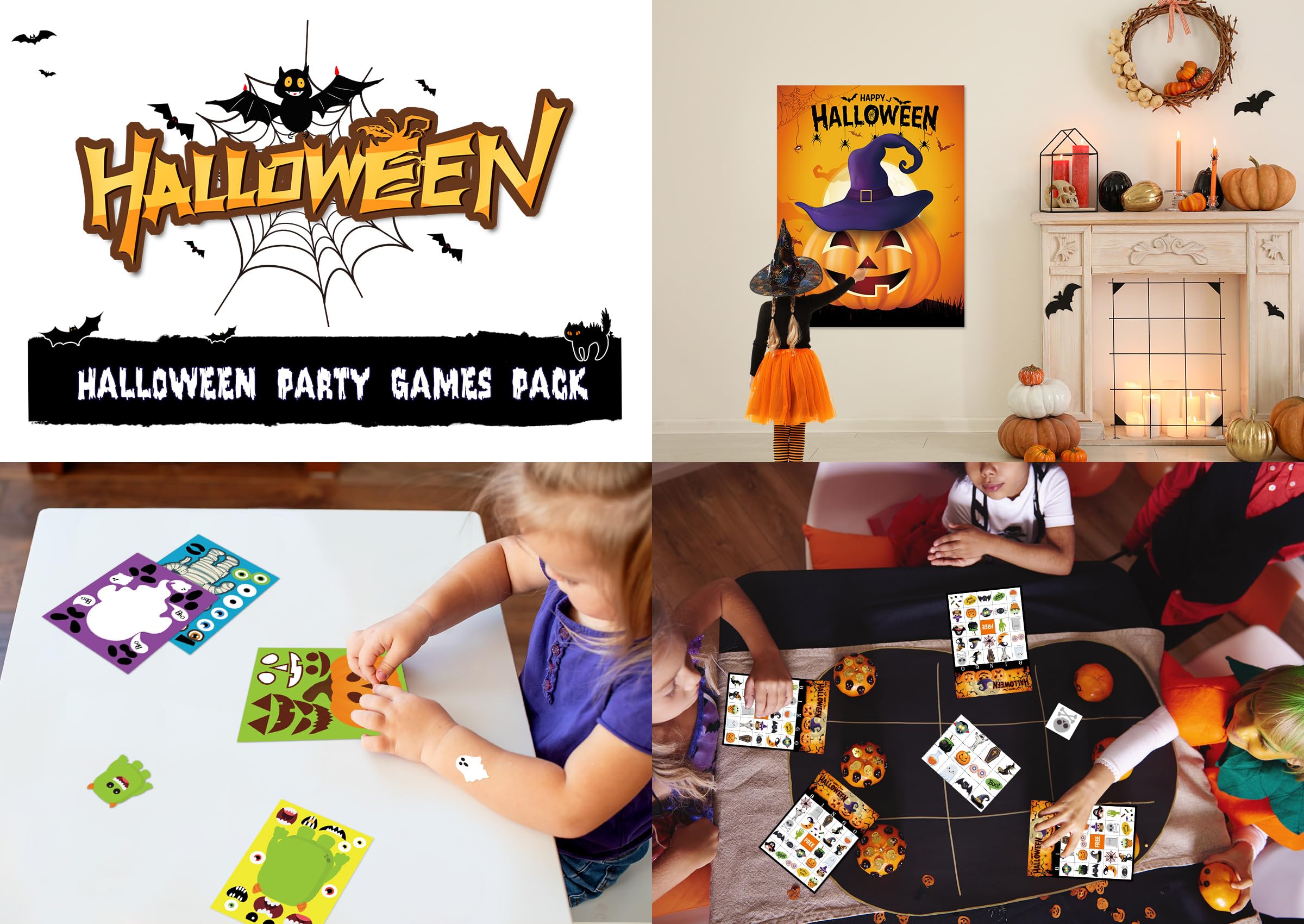 MISS FANTASY Halloween Games - 3 in 1 Halloween Party Games Include Halloween Bingo Game Halloween Pin Game Halloween Stickers Halloween Party Favors Supplies for Kids Children Activities