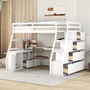 harper & bright designs twin loft bed with stairs and desk, solid wood loft bed frame with storage 7 drawers 2 shelves, for kids teens adults (white)