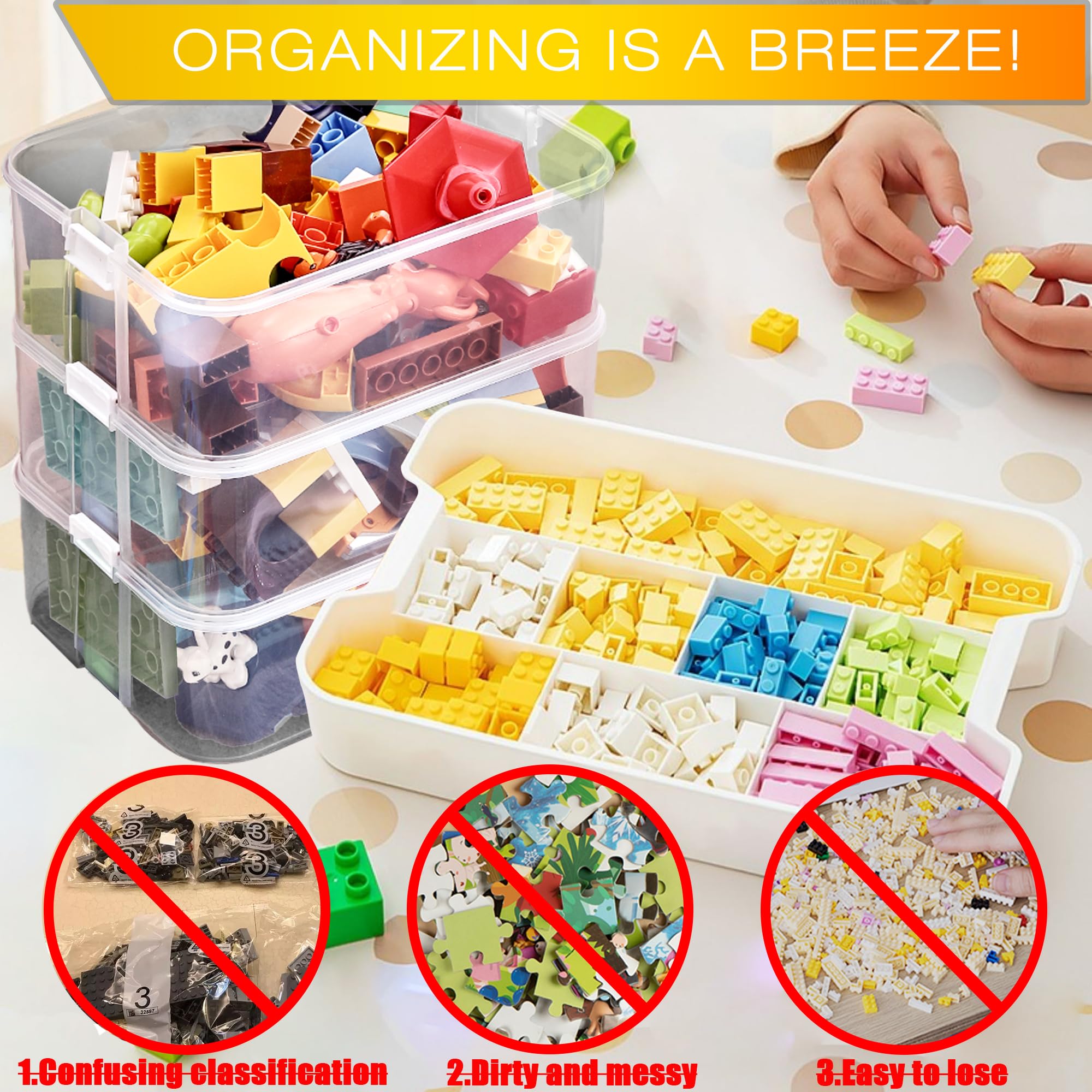 Kids Toy Organizer for Lego Stackable Storage Compartments Bins With Base Plates Lids 3 Tiers Clear Building Bricks Board Game Puzzle Boxes Plastic Craft Sorting Separator Travel Chest Case