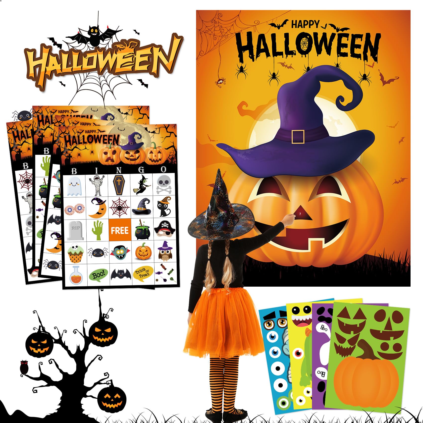 MISS FANTASY Halloween Games - 3 in 1 Halloween Party Games Include Halloween Bingo Game Halloween Pin Game Halloween Stickers Halloween Party Favors Supplies for Kids Children Activities