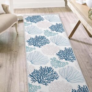 Coastal Runner Rug Beach Hallway Rugs Non-Slip Nautical Coral Machine Washable Rugs Modern Floor Carpet for Kitchen Bathroom Laundry Bedroom Living Room, 2x6