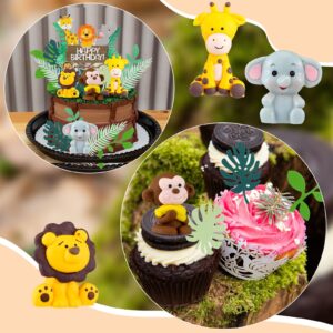 Marsui 36 Pcs Safari Cake Topper Leaves Cake Decorations Elephant Birthday Cake Toppers Jungle Animals Cakes Toppers Woodland Animal Tiger Lion for Party Baby Shower Birthday Supplies