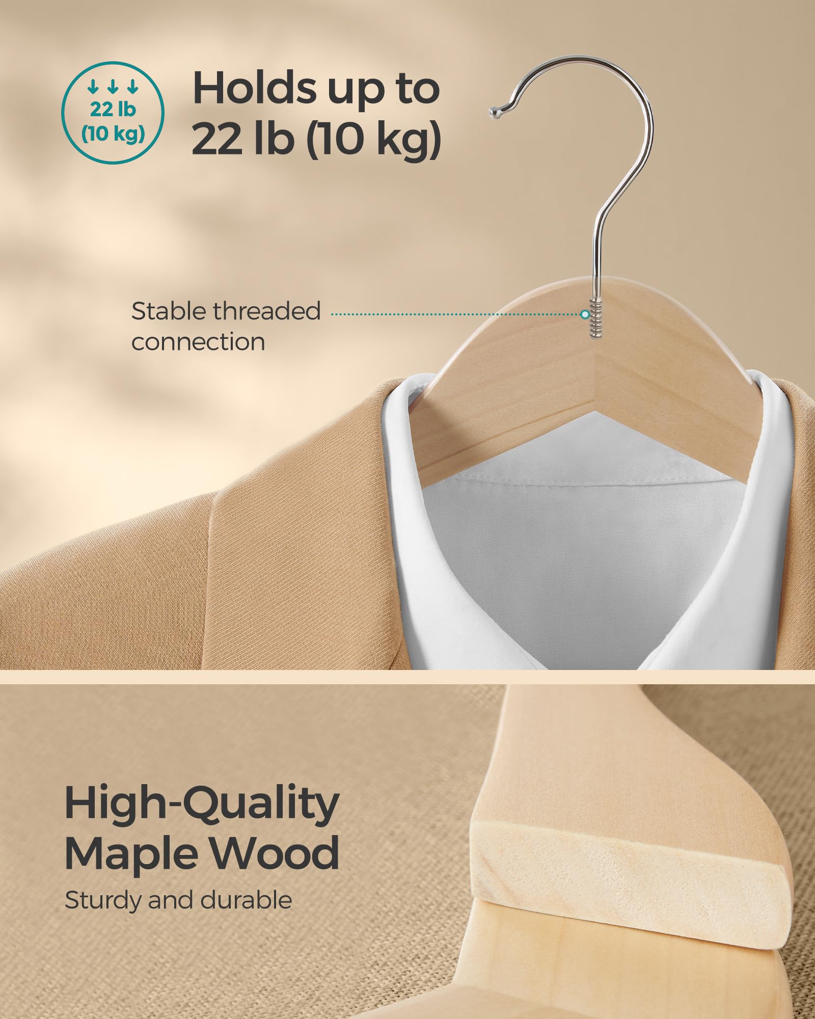 SONGMICS Wooden Hangers, Pack of 24, Coat Hangers, Non-Slip, Pants Bar, 360° Swivel Hooks, for Jackets, Shirts, Coats, Natural Beige UCRW010N24