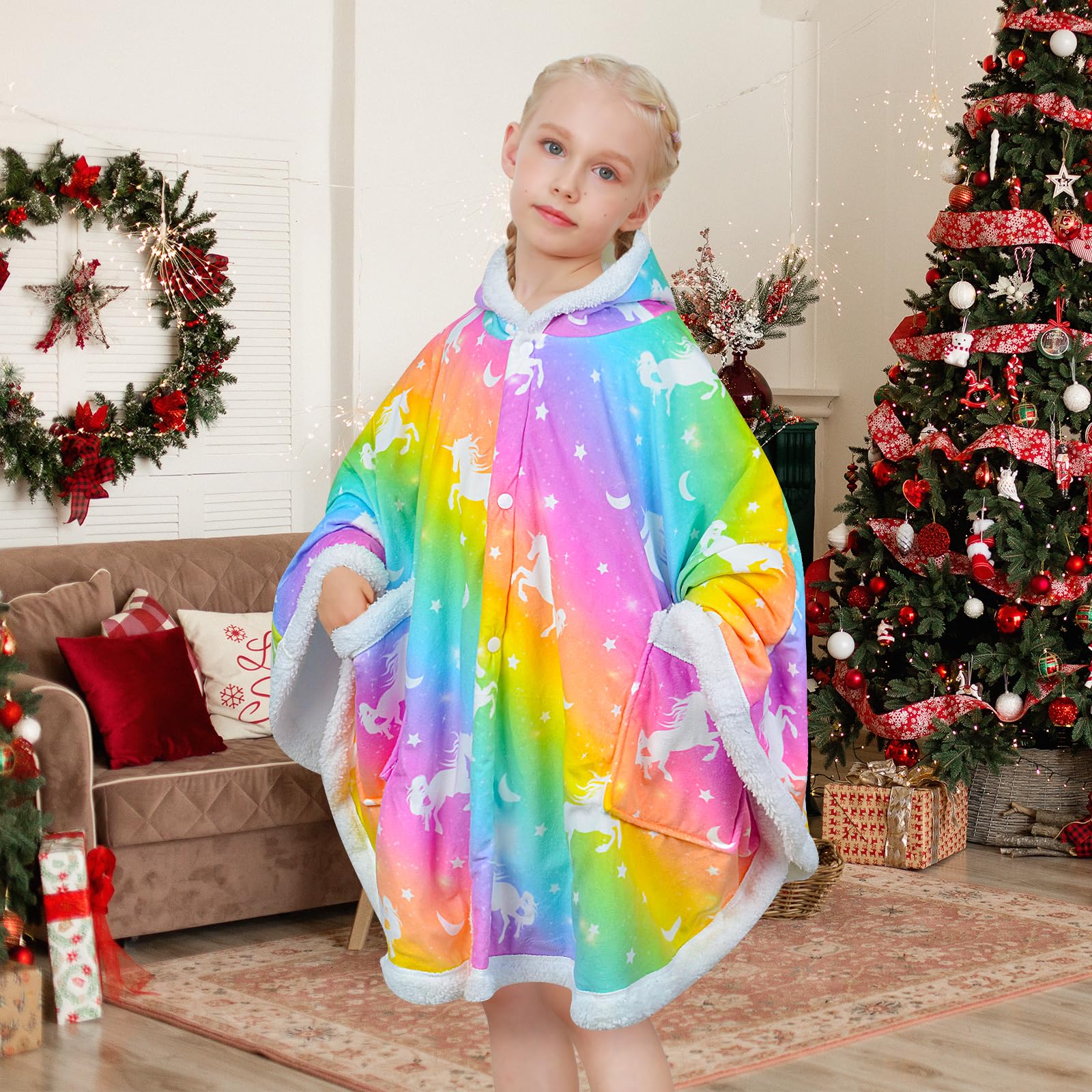 Nidoul Kids Wearable Blanket Hoodie, Unicorn Cape Cloaks with 3D Ears Winter Fleece Baggy Poncho for Girls Christmas Party