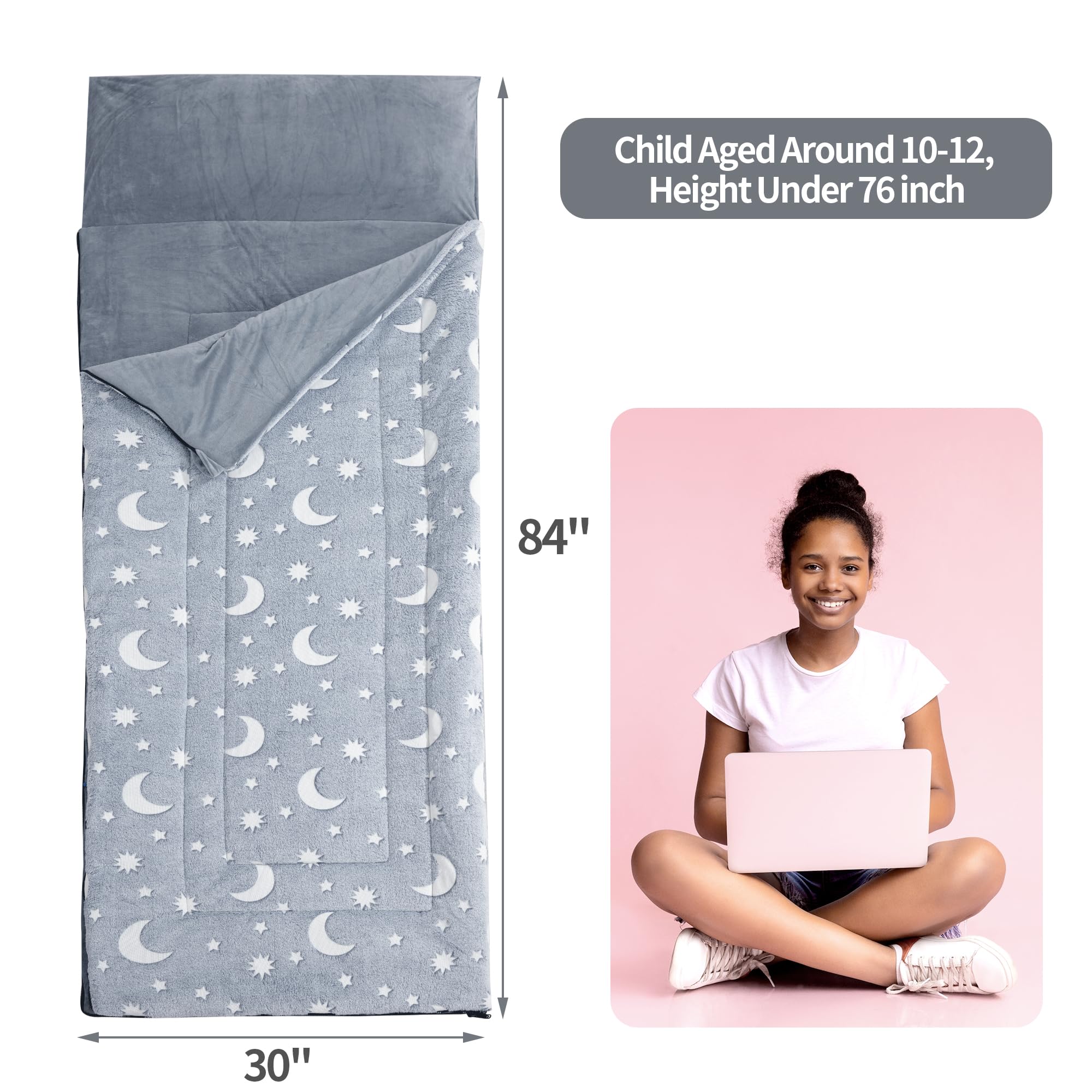 HOMBYS Glow in the Dark Sleeping Bags for 10~12 Years Old Kids, 84"x30" Soft Kids Nap Mat with Pillow and Blanket for Daycare School, Grey Travel Sleep Bag for Childern Girls Boys Truck Travel Camping