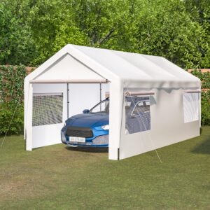 10x20 ft outdoor carport portable garage heavy duty canopy storage shelter shed all-season tarp with removable sidewalls & doors for car, truck, boat, party, camping (white)