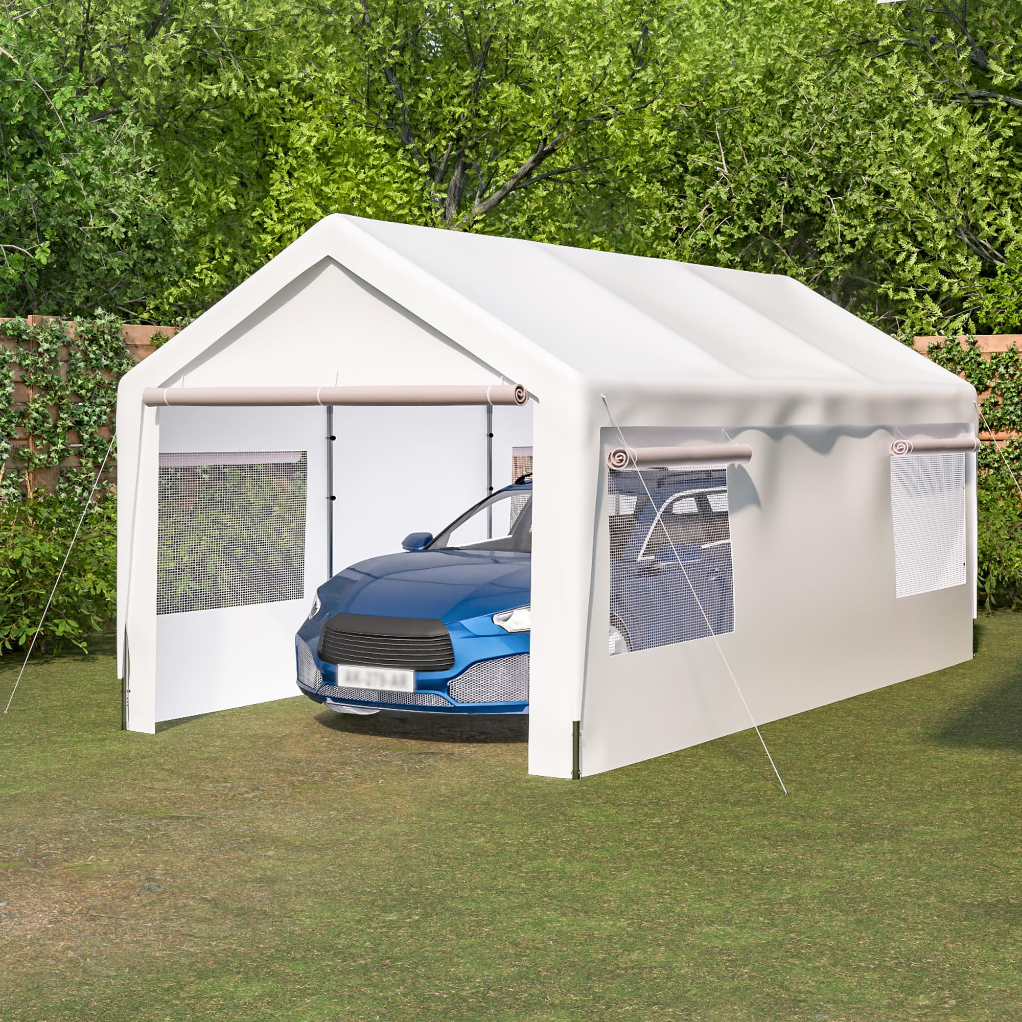 10x20 FT Outdoor Carport Portable Garage Heavy Duty Canopy Storage Shelter Shed All-Season Tarp with Removable Sidewalls & Doors for Car, Truck, Boat, Party, Camping (White)