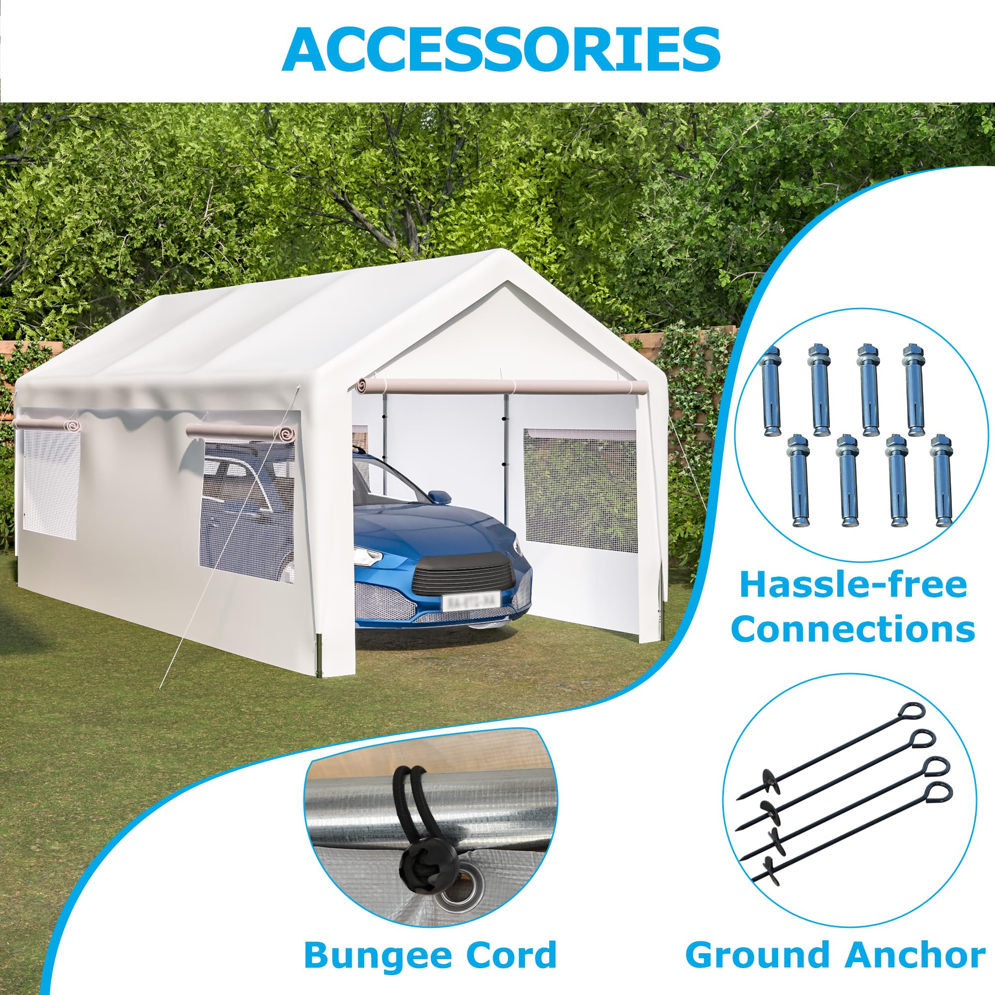 10x20 FT Outdoor Carport Portable Garage Heavy Duty Canopy Storage Shelter Shed All-Season Tarp with Removable Sidewalls & Doors for Car, Truck, Boat, Party, Camping (White)