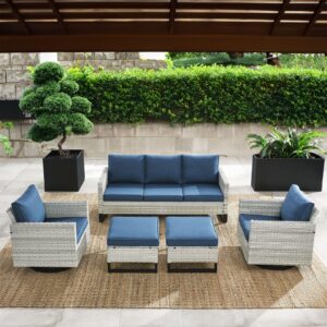 HUMMUH Patio Furniture Set 5 Piece Outdoor Sectional Sofa,PE Wicker Patio Swivel Rocker Chairs with Ottomans for Porch,Garden,Backyard