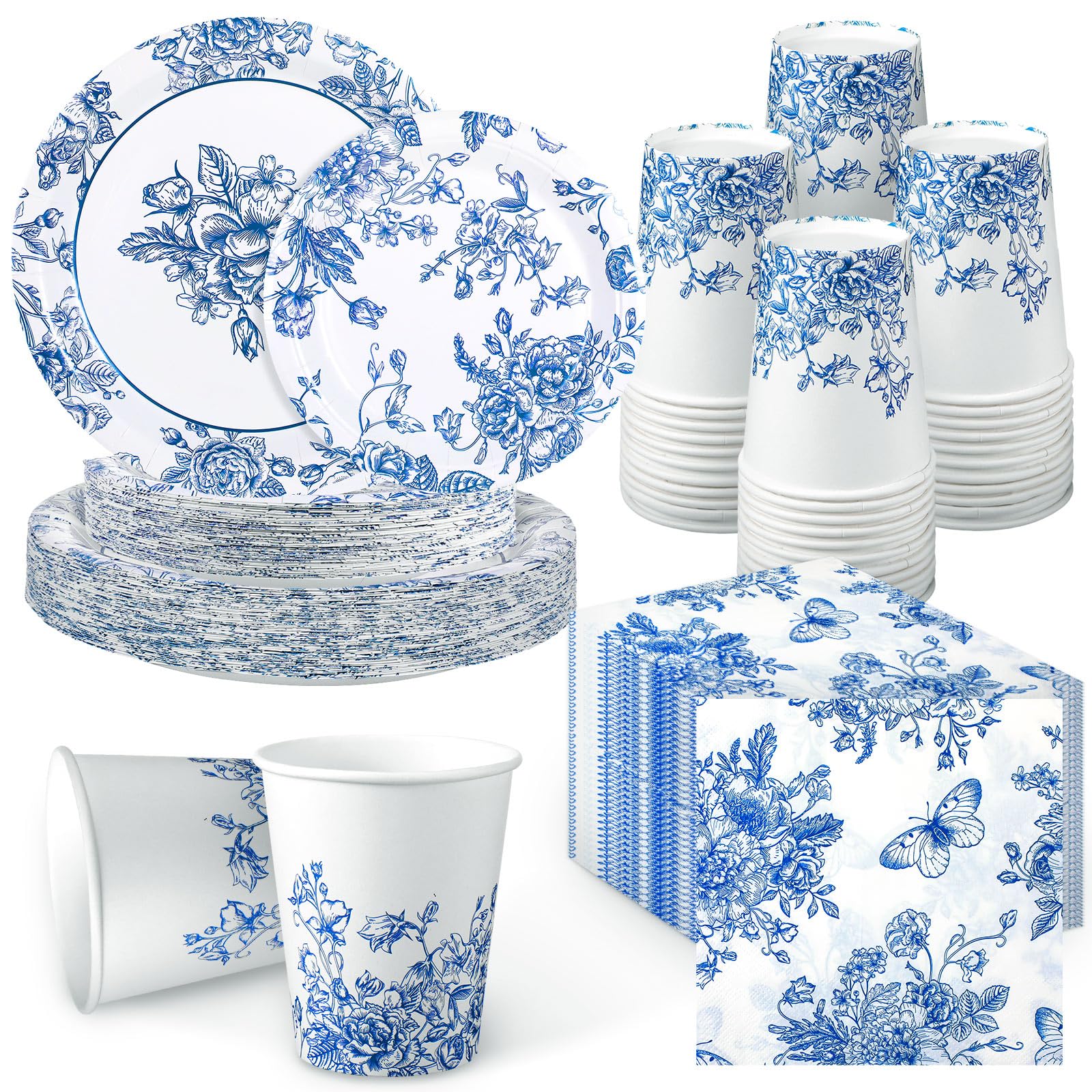 Nitial 200 Piece Blue and White Flower Disposable Tableware Set Serves 50 Guests Floral Paper Plates and Napkins Cups for Bridal Shower Birthday Party Supplies