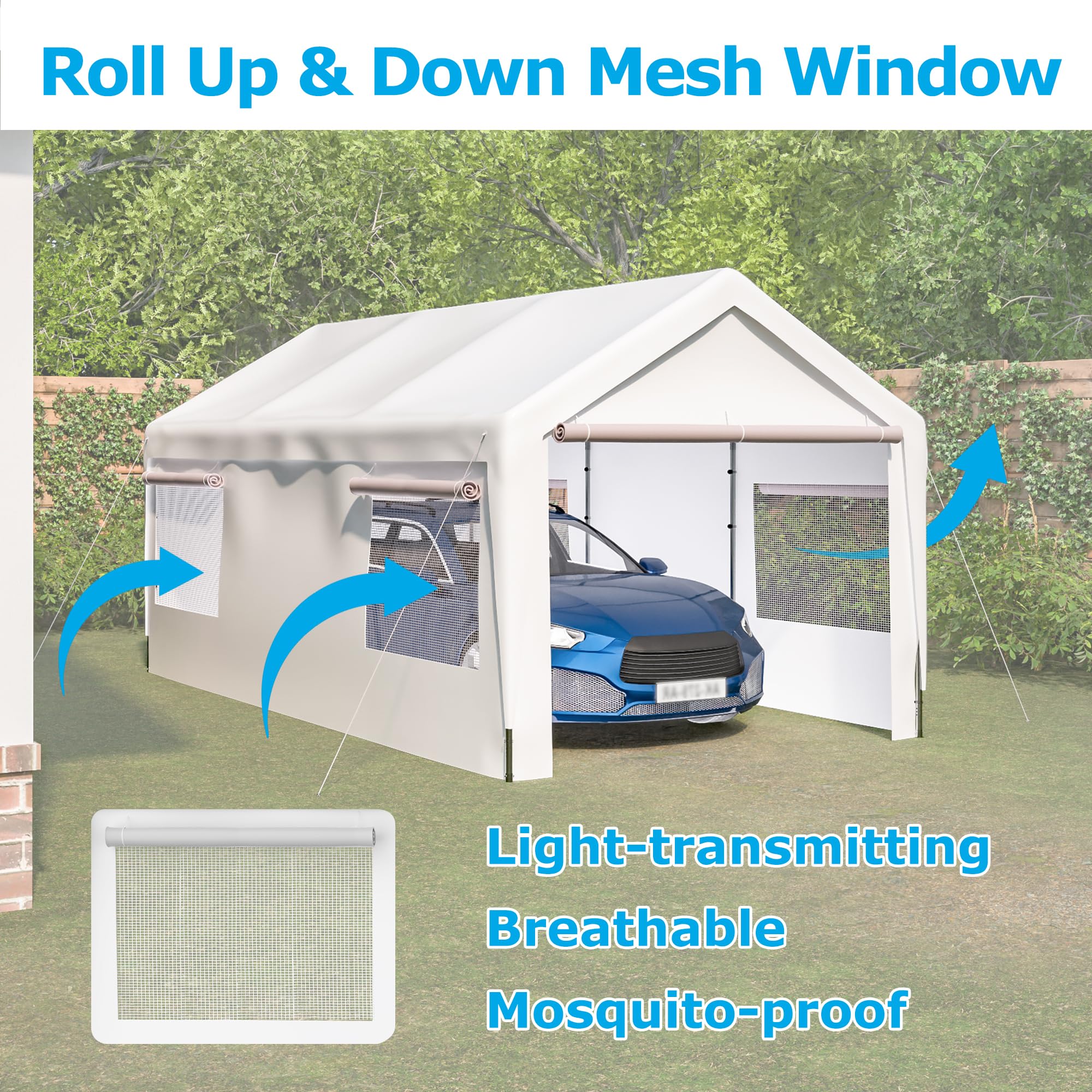 10x20 FT Outdoor Carport Portable Garage Heavy Duty Canopy Storage Shelter Shed All-Season Tarp with Removable Sidewalls & Doors for Car, Truck, Boat, Party, Camping (White)