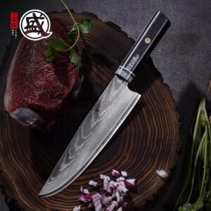 MITSUMOTO SAKARI 7 inch Japanese Gyuto Chef Knife, Hand Forged Professional Kitchen Knife, Damascus HAP40 Steel Powder Chef's Knife (Micarta Handle and Sandalwood Box)