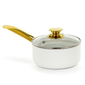 holstein housewares 2.5qt white ceramic nonstick saucepan with lid, gold color and stainless steel handle, golden elegance