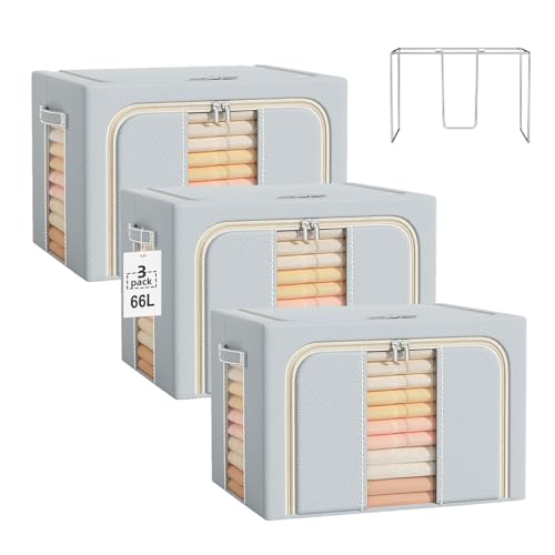 VAN CADENE 66L Clothes Storage Bins Metal Frame Clothes Storage Organizer Bedding Storage Bags with Zipper and Clear Windows, Oxford Closet Organizers and Storage Boxes (3 Pack)