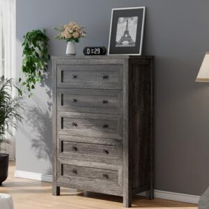 luxoak farmhouse 5 drawers dresser, wood rustic chest of drawers for bedroom, tall dressers organizer with metal handles, 5 drawers chest for living room, hallway, entryway, grey