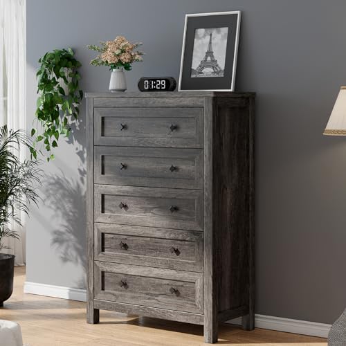 LUXOAK Farmhouse 5 Drawers Dresser, Wood Rustic Chest of Drawers for Bedroom, Tall Dressers Organizer with Metal Handles, 5 Drawers Chest for Living Room, Hallway, Entryway, Grey