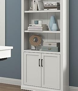 Martin Furniture Modern Wood Lower Doors Bookcase, Office Bookcase, Office Shelving, Office Storage, Fully Assembled, White