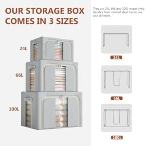 VAN CADENE 66L Clothes Storage Bins Metal Frame Clothes Storage Organizer Bedding Storage Bags with Zipper and Clear Windows, Oxford Closet Organizers and Storage Boxes (3 Pack)