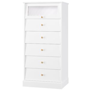 FINETONES 6 Drawer Dresser White Dresser, 48.7'' Tall White Dresser Chest of Drawers, White and Gold Dresser with Glass Drawer, Gold Dresser Modern Dresser for Home Office