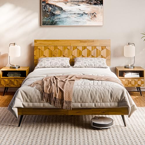 Bme Georgina Signature Bed Frame with Handcrafted Geometric Headboard, Mid Century Modern, Solid Acacia Wood, No Box Spring Needed, 12 Strong Wood Slats Support, Easy Assembly, Teak Brown, Queen