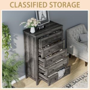 LUXOAK Farmhouse 5 Drawers Dresser, Wood Rustic Chest of Drawers for Bedroom, Tall Dressers Organizer with Metal Handles, 5 Drawers Chest for Living Room, Hallway, Entryway, Grey