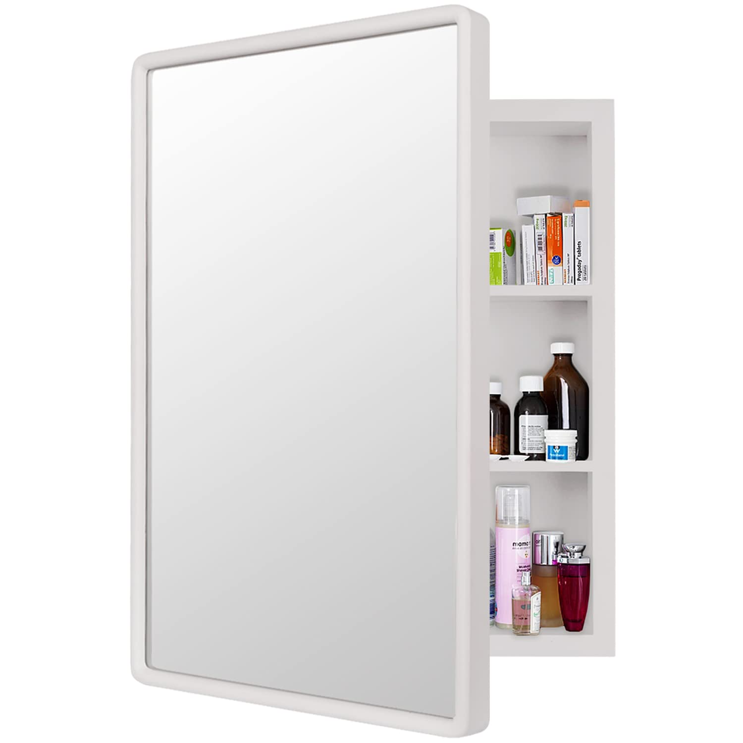 H-A Bathroom Medicine Cabinet with Mirror Solid Wood Framed Bathroom Mirror Cabinet with Storage Wall Mounted Recessed Available 16"x 24" (White)