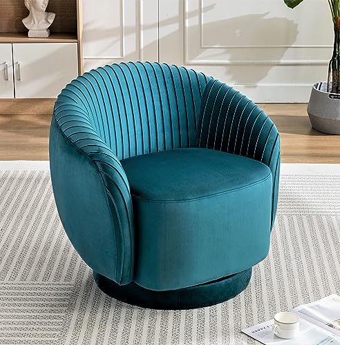 US Pride Furniture Contemporary Velvet Swivel Barrel Chair with 360° Spin Capability, Round Accent One-Seater Sofa for Living Room, Bedroom, and Office, Greenish Blue