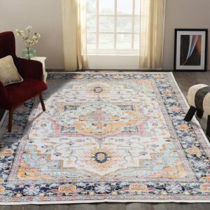 kaspene home - machine washable thin area rug for dining room, bedroom, and living room - oriental vintage orange and blue rug - stain and water-resistant - non-slip - pet and kid friendly, 5x8