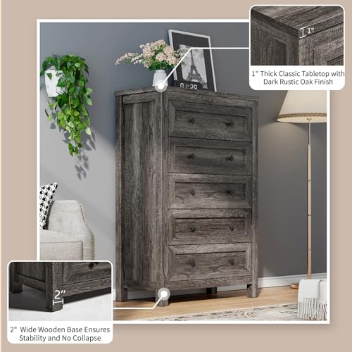 LUXOAK Farmhouse 5 Drawers Dresser, Wood Rustic Chest of Drawers for Bedroom, Tall Dressers Organizer with Metal Handles, 5 Drawers Chest for Living Room, Hallway, Entryway, Grey