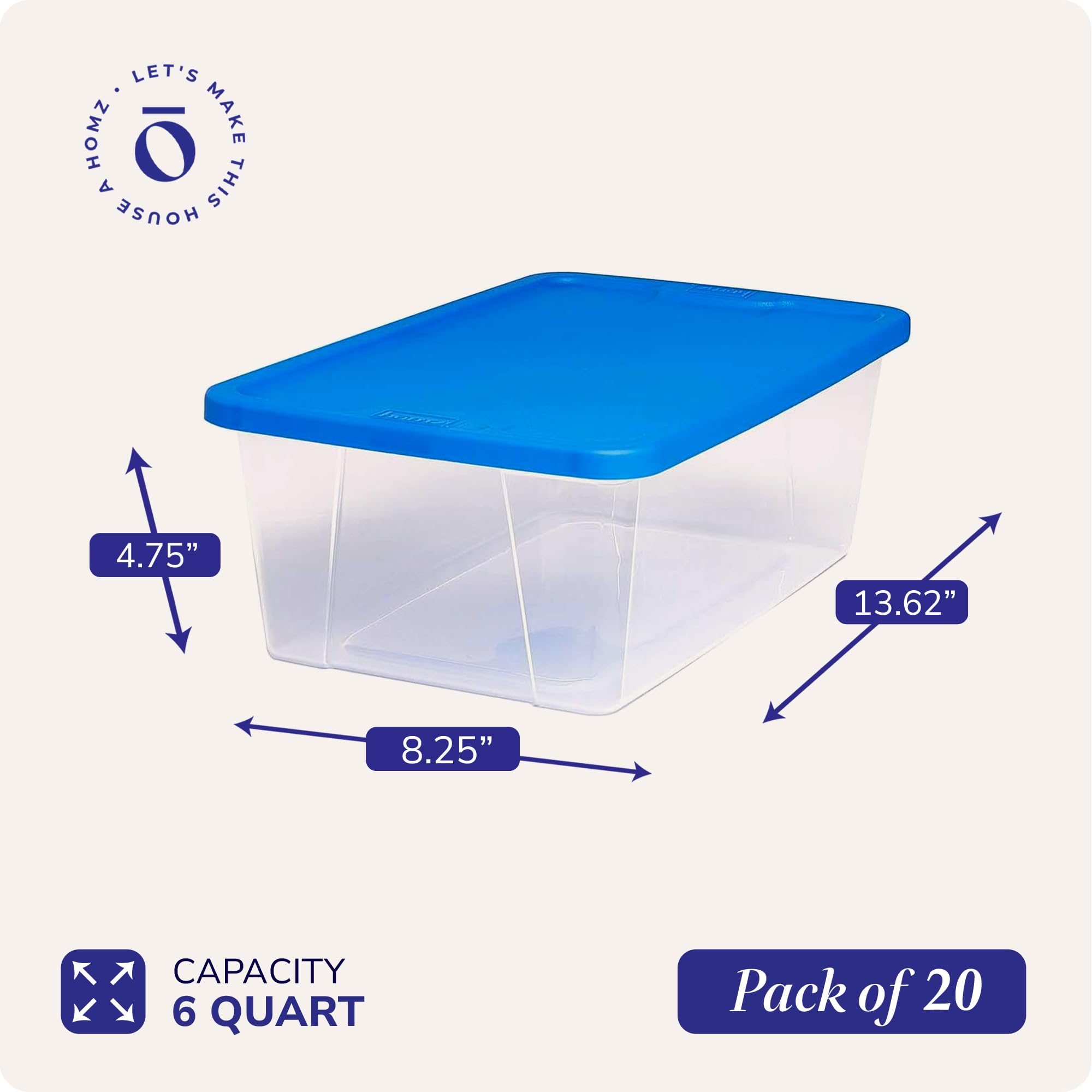 HOMZ Snaplock 6-Quart Plastic Multipurpose Stackable Storage Container Bins with Blue Latching Lid for Home and Office Organization, Clear (20 Pack)