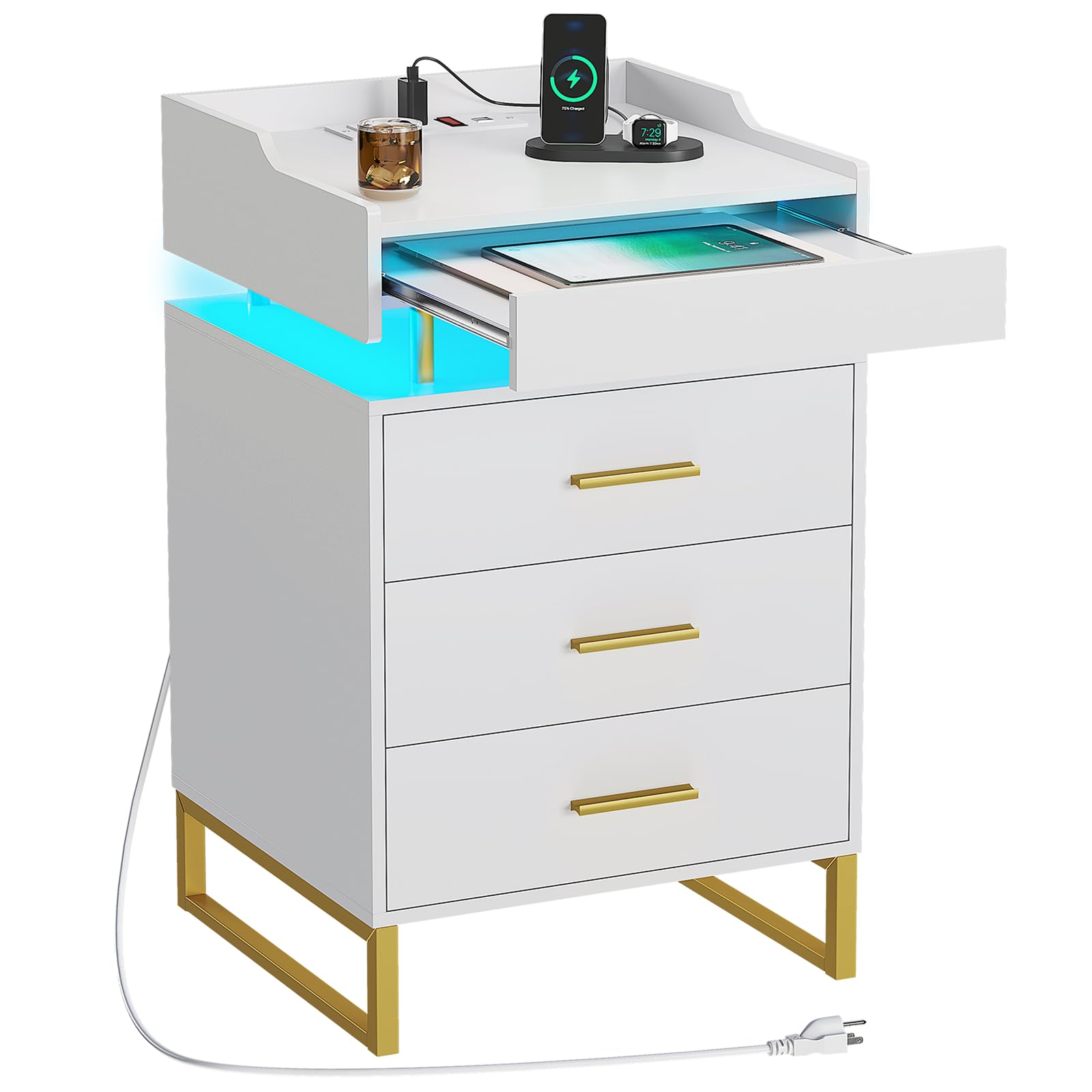 HAUOMS White Nightstand with Charging Station and LED Lights,Luxury Night Stand with Pull-Out Tray,Bedside Table with Drawers,Modern End Table Side Table Storage Cabniet