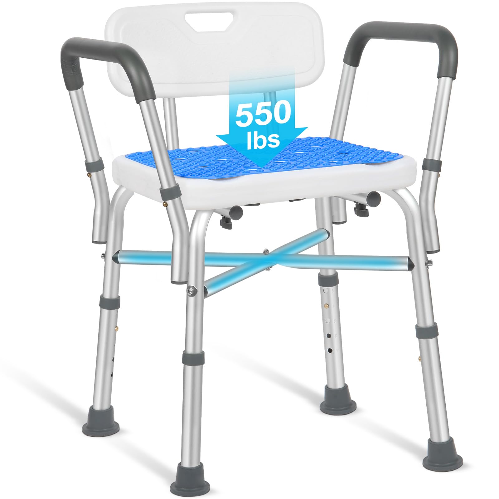 Adjustable Shower Chair with Arms and Back, Heavy Duty Shower Chair for Inside Shower with Double Crossbars, Safety Bars & Rust-Proof Shower Benches for Elderly and Disabled, Anti-Slip Mat Include