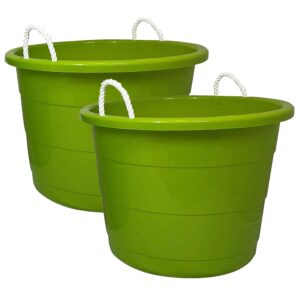 HOMZ 17-Gallon Indoor Outdoor Storage Bucket w/Rope Handles for Sports Equipment, Party Cooler, Gardening, Toys and Laundry, Bold Lime Green (4 Pack)