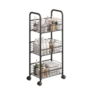 3-tier freestanding open shelf with wheels, storage rolling cart bathroom organizer shelves unit, metal steel storage tower organizer rack basket cart for bathroom, living room, balcony, kitchen