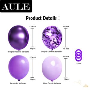 AULE Metallic Purple and Premium Latex Lavender Lilac Balloons 60 Pack 12inches and Purple Confetti Balloons with Purple Ribbons Set for Birthday Bridal Shower Wedding Party Decorations