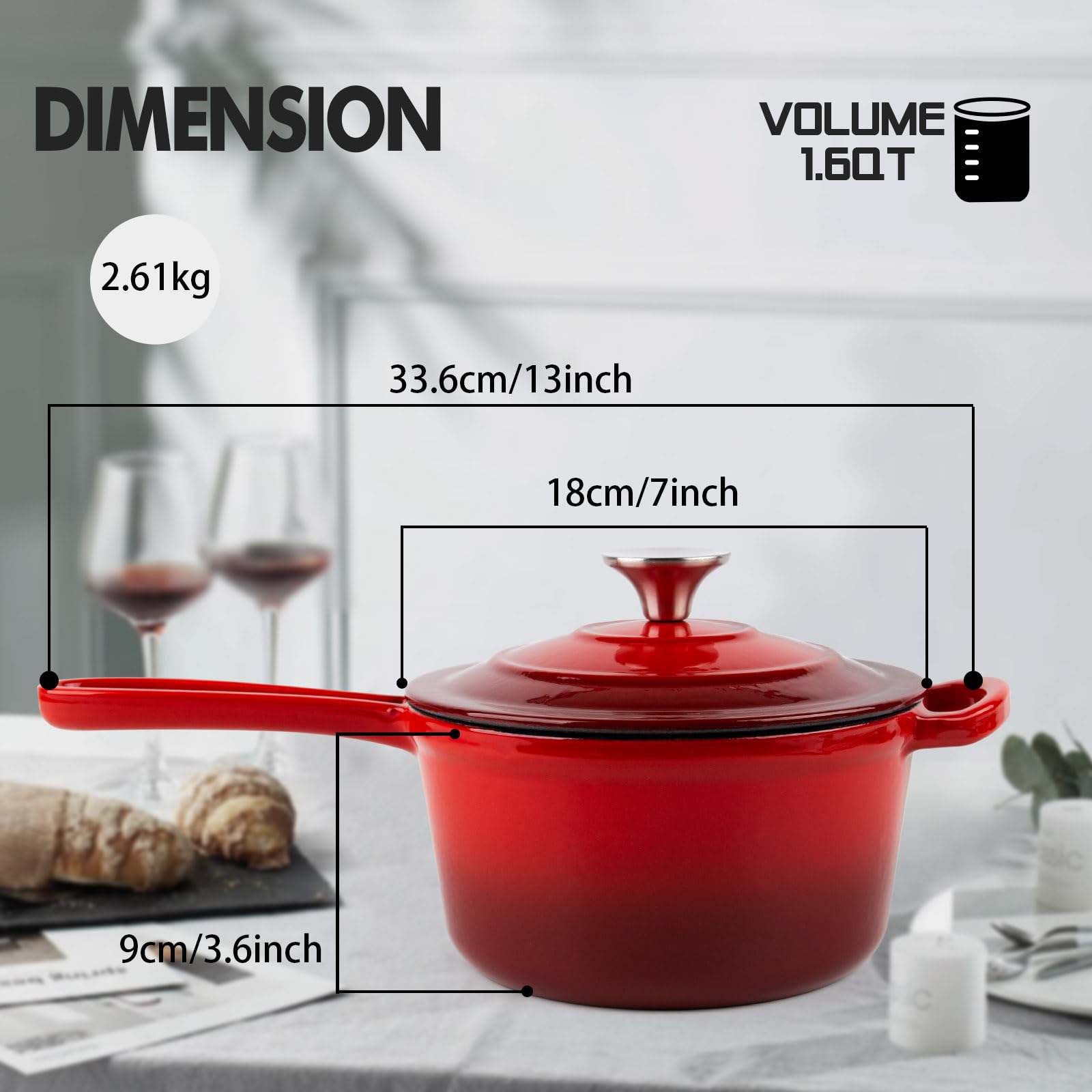 AILIBOO Enameled Cast Iron Sauce Pan, 1.6 Quarts Round Sauce Pot with Lid, Min Dutch Oven Enamel Saucepan for Cooking Pasta Sauce, Gravy, Puddings & Boiling, Gradient Red