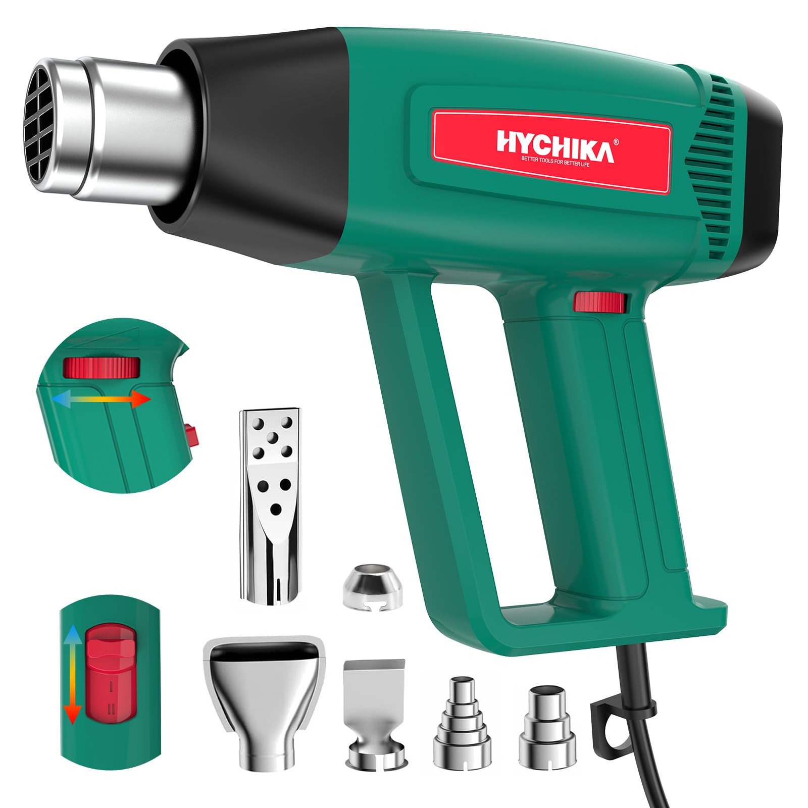 HYCHIKA Heat Gun, 1800W Hot Air Gun Kit with 6 Nozzles 140℉-1112℉ Fast Heating Variable Temp Control, Heat Gun for Crafting, Soldering, Shrink Tubing, Shrink Wrap