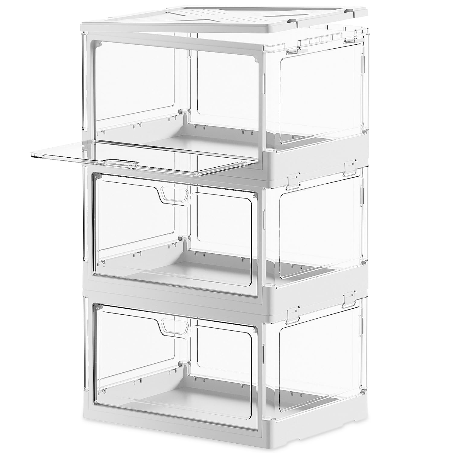 PRANDOM Stackable Clear Storage Bins with Lids,70 Qt Plastic Collapsible Organizer Containers Boxes with Doors for Closet Living Room Bedroom White 15x11.2x8.7 x 3-Pack