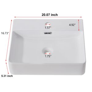 VAPSINT 20"X 17" Wall Mounted Bathroom Vessel Sink,Rectangle White Porcelain Ceramic Vessel Sink Modern One Hole Floating Lavatory Vanity Small Bathroom Sink