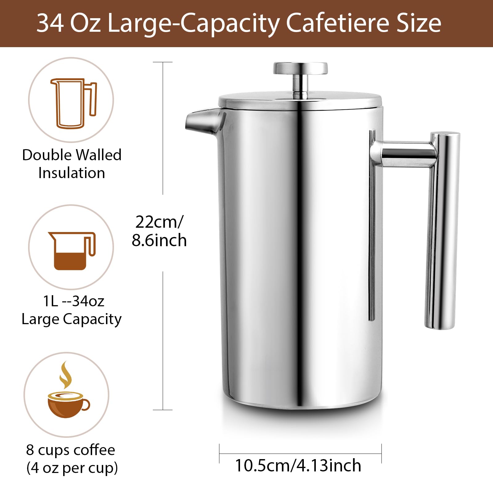 34oz French Press Coffee Maker, 1000ml Stainless Steel Double Insulated Cafetiere 8 Cup Espresso Coffee Press, Portable Coffee Plunger Pot for Home, Office, Camping