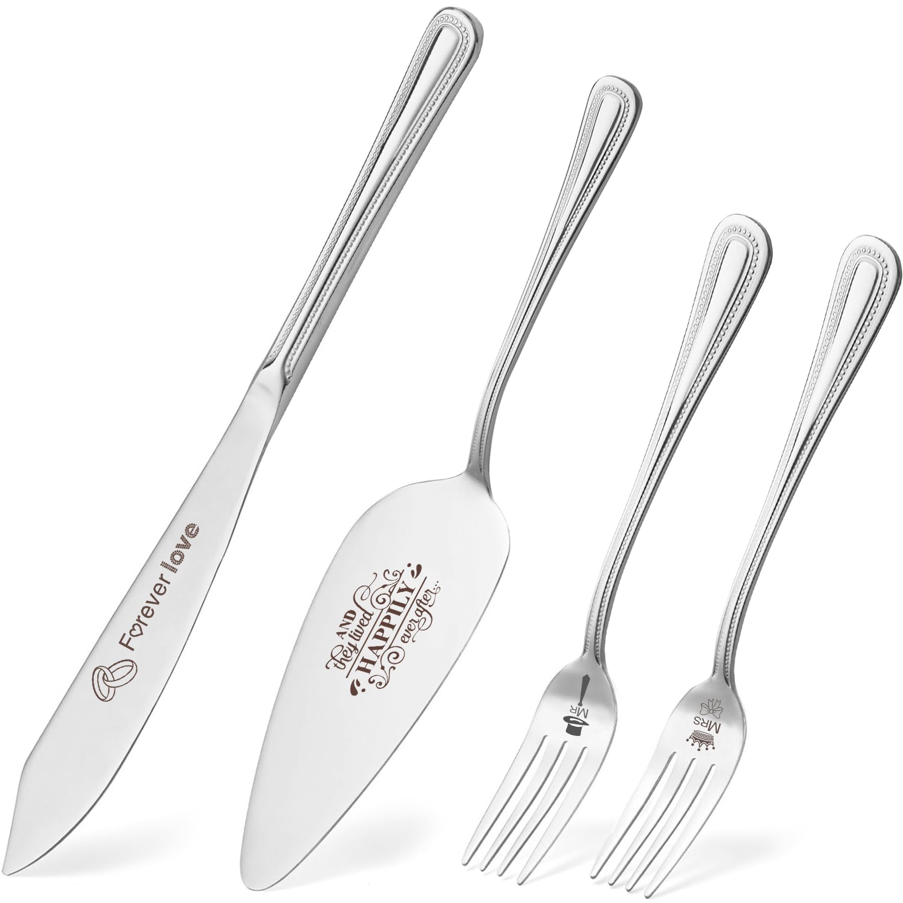 Cake Cutting Set for Wedding, Wedding Cake Knife and Server Set, Wedding Cake Cutting Set and Mr Mrs Cake Forks, Birthday Gifts Bridal Shower Gifts for Couples (Silver)