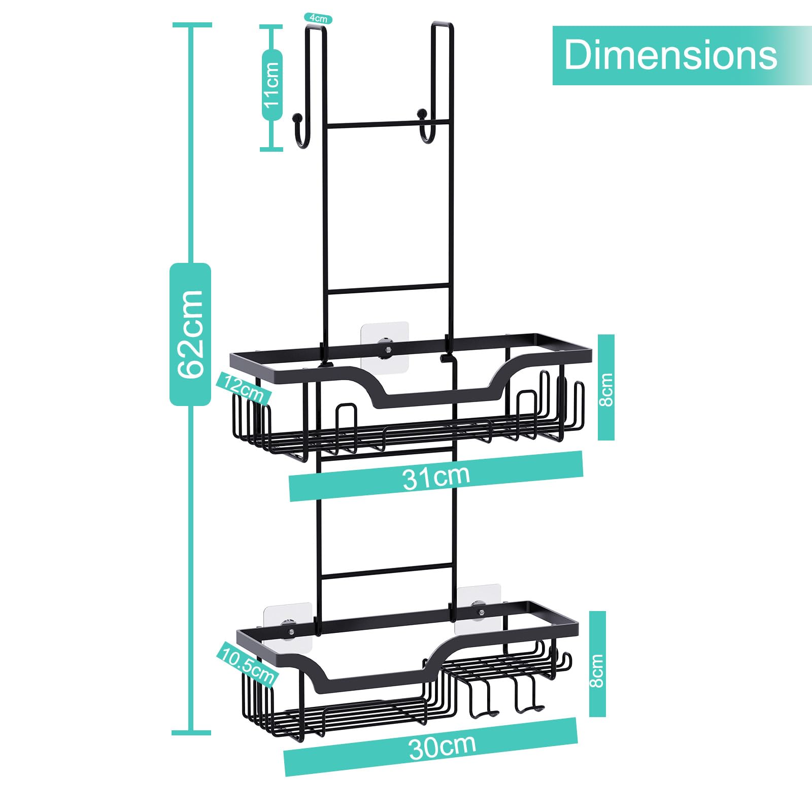 Over the Door Shower Caddy, Hanging Shower Shelves With 2 Tier Rack, No Drilling Adhesive Shower Organizer for Bathroom - Black