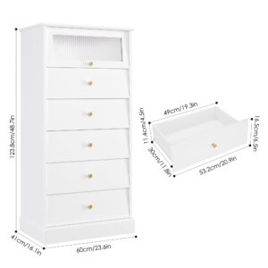 FINETONES 6 Drawer Dresser White Dresser, 48.7'' Tall White Dresser Chest of Drawers, White and Gold Dresser with Glass Drawer, Gold Dresser Modern Dresser for Home Office