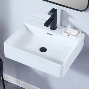 VAPSINT 20"X 17" Wall Mounted Bathroom Vessel Sink,Rectangle White Porcelain Ceramic Vessel Sink Modern One Hole Floating Lavatory Vanity Small Bathroom Sink