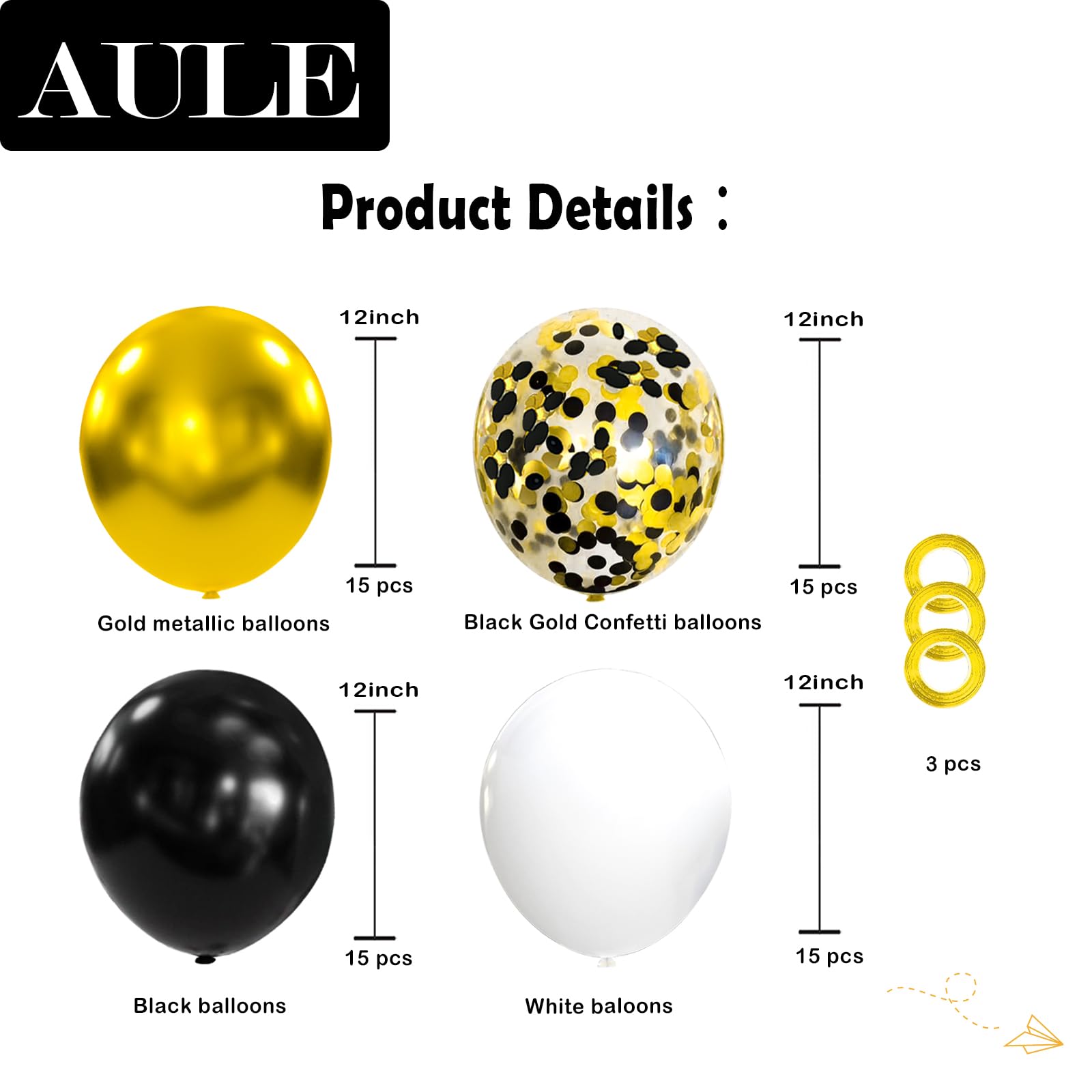 AULE Metallic Gold and Premium Latex Black White Balloons 60 Pack 12inches and Black Gold Confetti Balloons with Gold Ribbons Set for Birthday Graduation Wedding Party Decorations