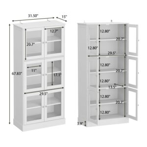 ECACAD 67.9" H Modern Bookcase Storage Cabinet with 6 Glass Doors & Adjustable Shelves, 6-Tier Wood Bookshelf Display Cabinet for Living Room & Office, White