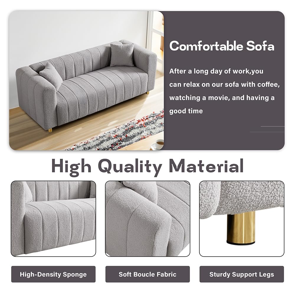 gefayluo 81.89" Teddy Fabric Large Modern Sofa with Gold Metal Legs,3 Seater Upholstered Sofa Love Seats Furniture for Living Room,Bedroom, Apartment