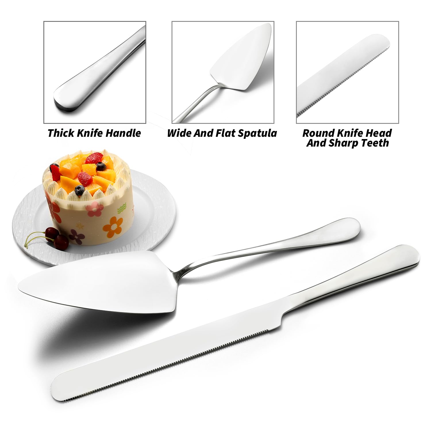 Fiwarex Wedding Cake Knife and Server Set, Cake Cutting Set for Party, Stainless Steel Large Cake Knife Set with Classic Design, Rounded Edges Cake Cutting Knife for Birthday Christmas Gift