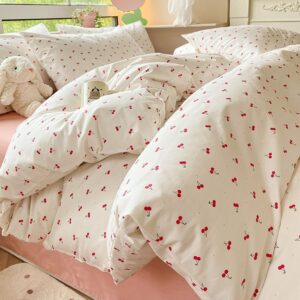 LIWHENHAO Cherry Duvet Cover Set Queen 100% Cotton Bedding Cartoon Red Cherries on White 1 Kawaii Cute Fruit Comforter Cover Full Zipper Closure 2 Pillowcases for Kids Girls Boys Woman